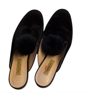Dee Keller RARE Black Velvet Platform Loafers Fur Pom Pom EU 39 US 8-8.5